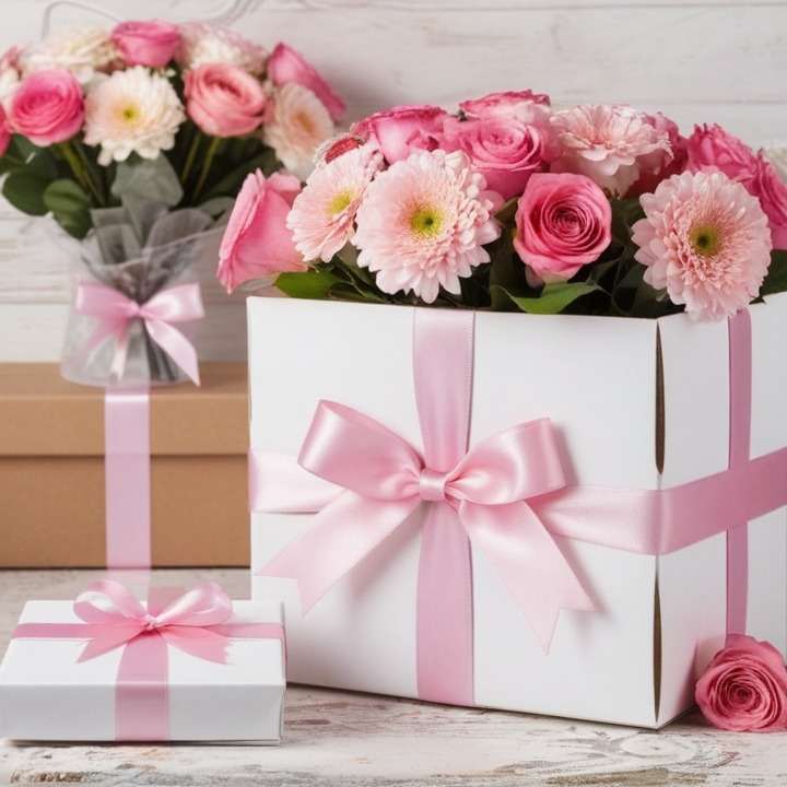 Поздравительный букет с герберами и розами в подарочных коробках, украшенных розовыми лентами. Нежные розово-белые оттенки создают романтическое настроение.